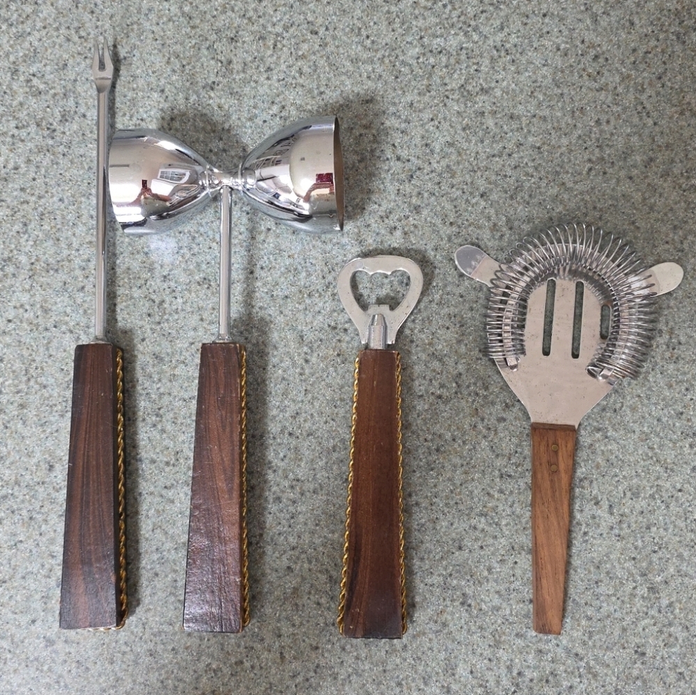 Vtg Stainless Steel Wood Handle Bar Set Vintage Barware 4 Utensils Made In Japan